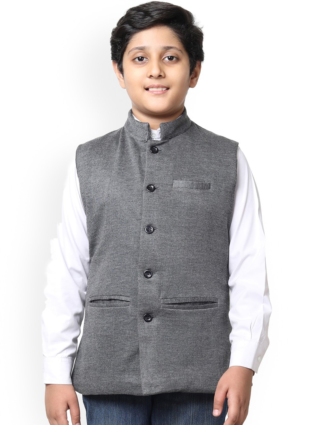 

IndiWeaves Boys Mandarin Collar Fleece Nehru Jacket, Grey