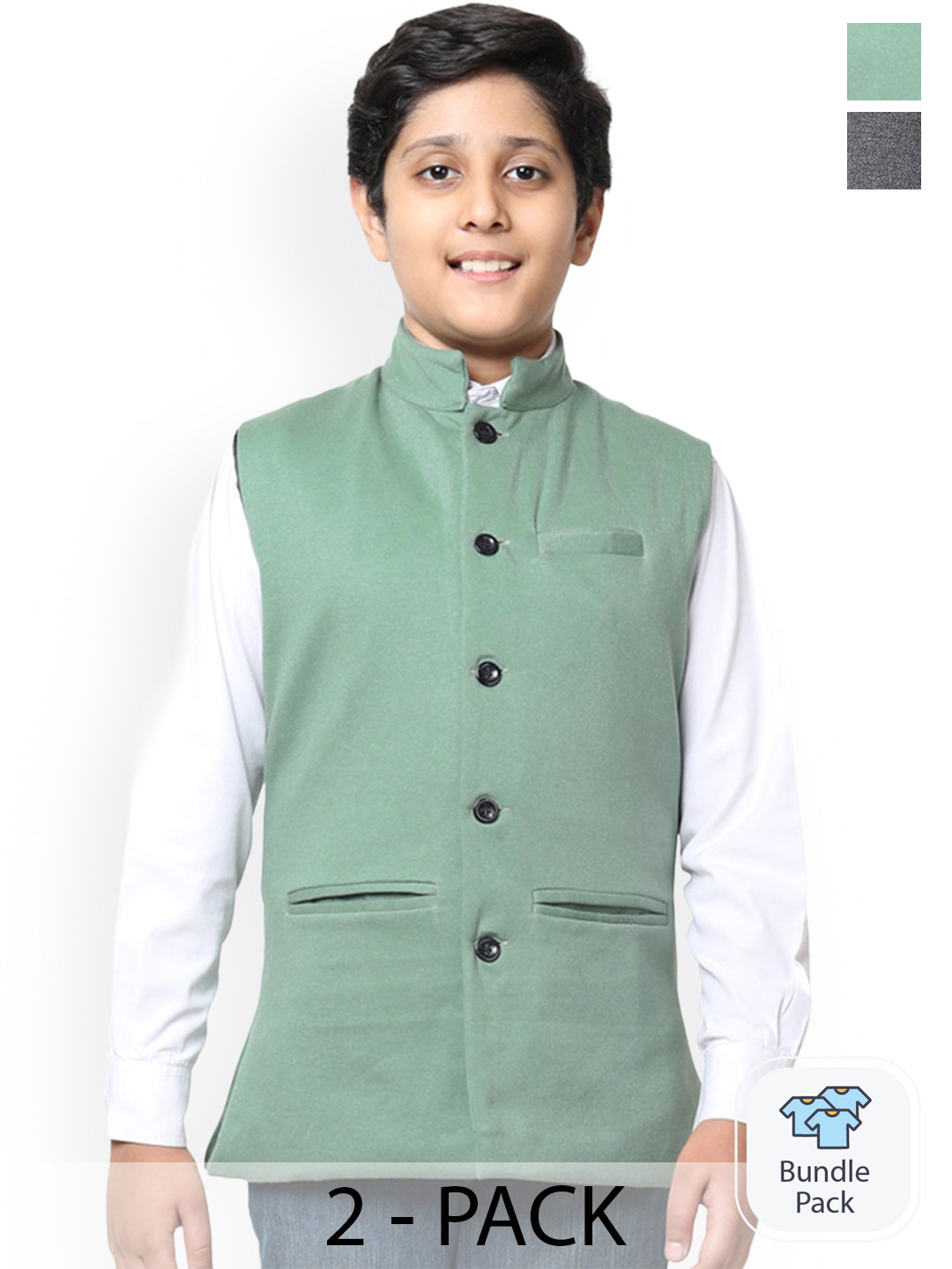 

IndiWeaves Boys Pack Of 2 Mandarin Collar Fleece Nehru Jackets, Green