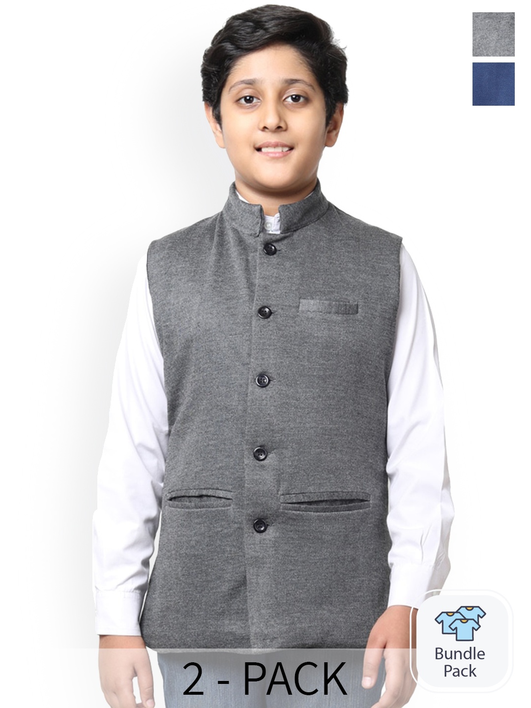 

IndiWeaves Boys Pack Of 2 Mandarin Collar Fleece Nehru Jacket, Grey