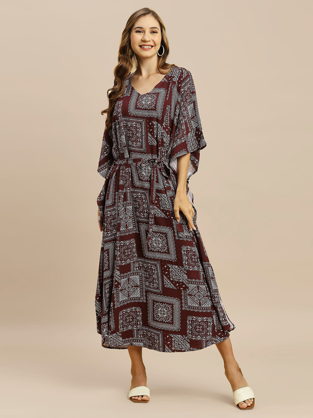 

MomToBe Ethnic Printed V-Neck Maternity Kaftan Nightdress, Maroon