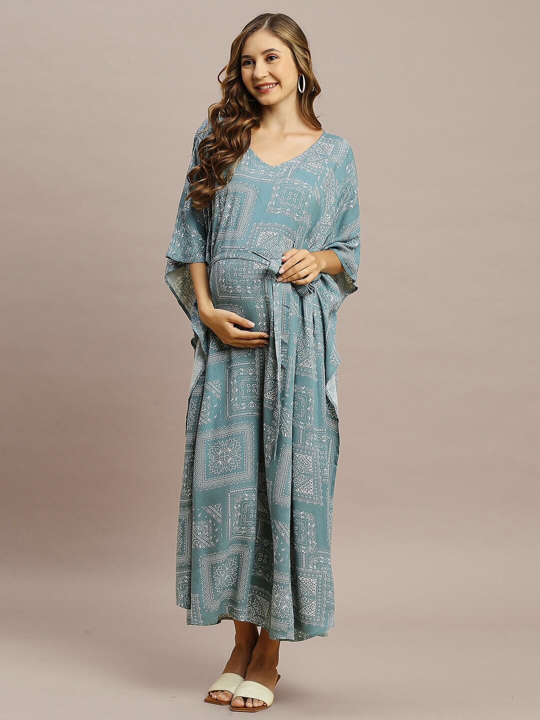 

MomToBe Ethnic Printed V-Neck Maternity Kaftan Nightdress, Grey