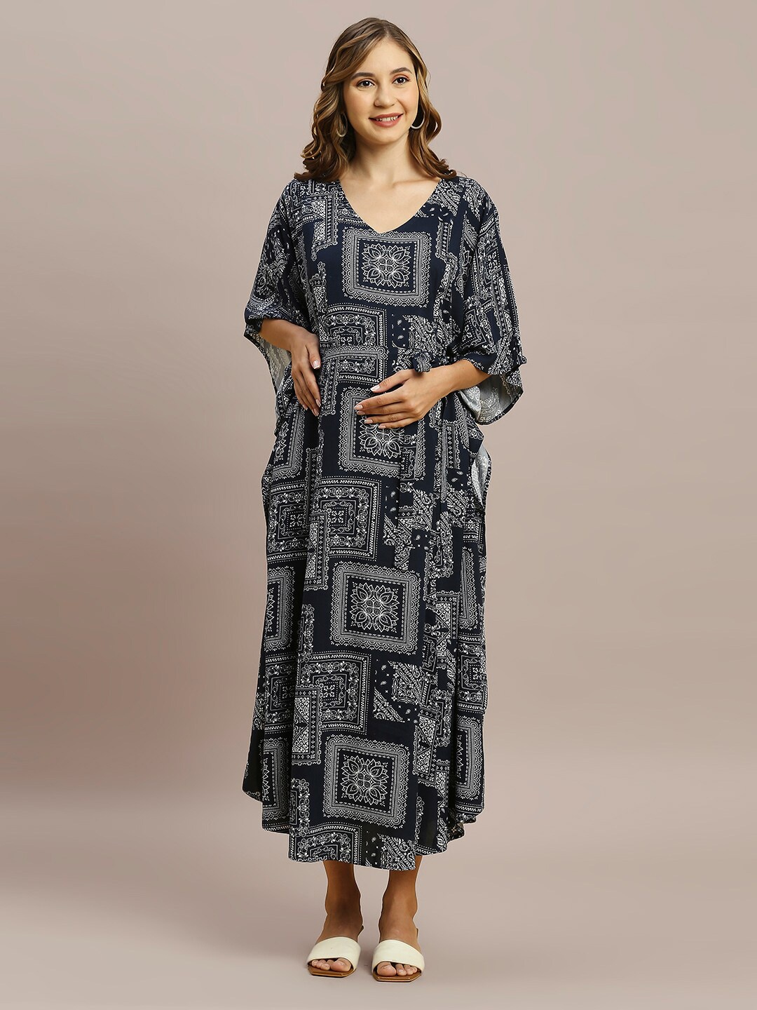 

MomToBe Ethnic Motifs Printed Maxi Maternity Kaftan Nightdress, Navy blue
