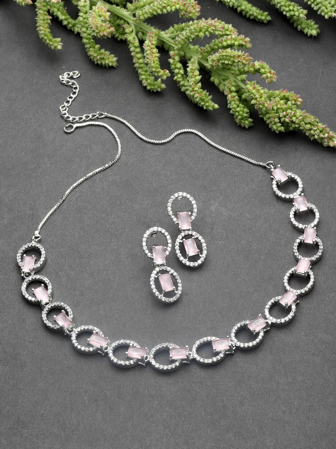 

ZENEME Rhodium-Plated Pink & White Stone-Studded Jewellery Set, Silver