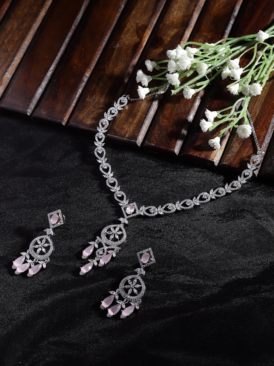 

ZENEME Rhodium-Plated American Diamond Studded & Beaded Jewellery Set, Pink