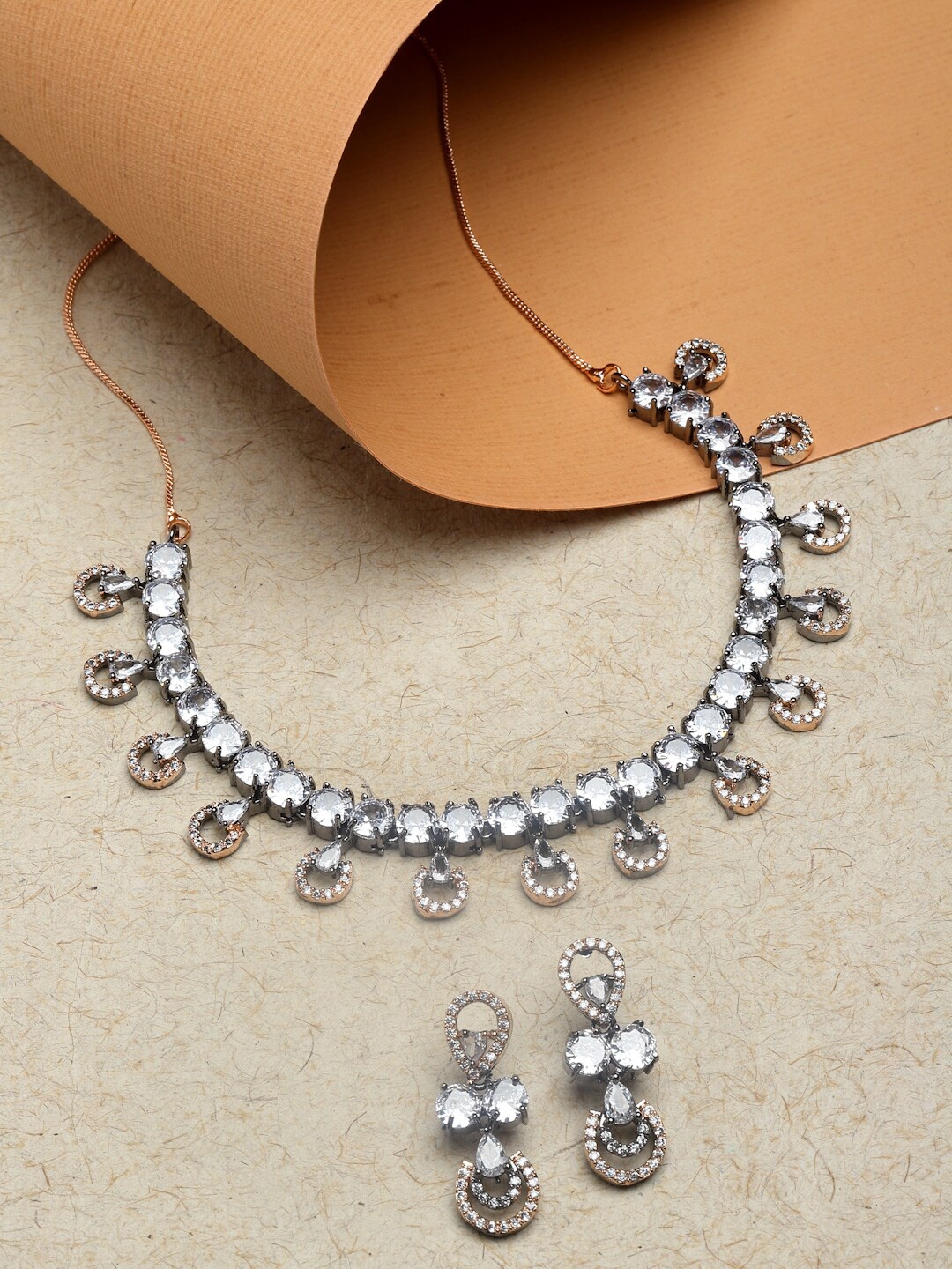 

ZENEME Rose Gold-Plated AD-Studded Jewellery Set