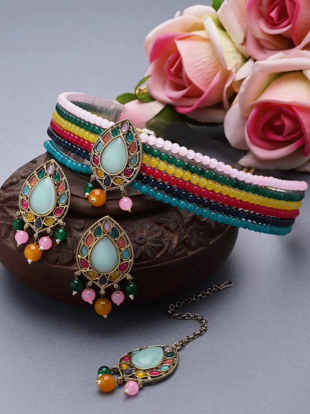 

ZENEME Gold-Plated Stone-Studded & Beaded Jewellery Set