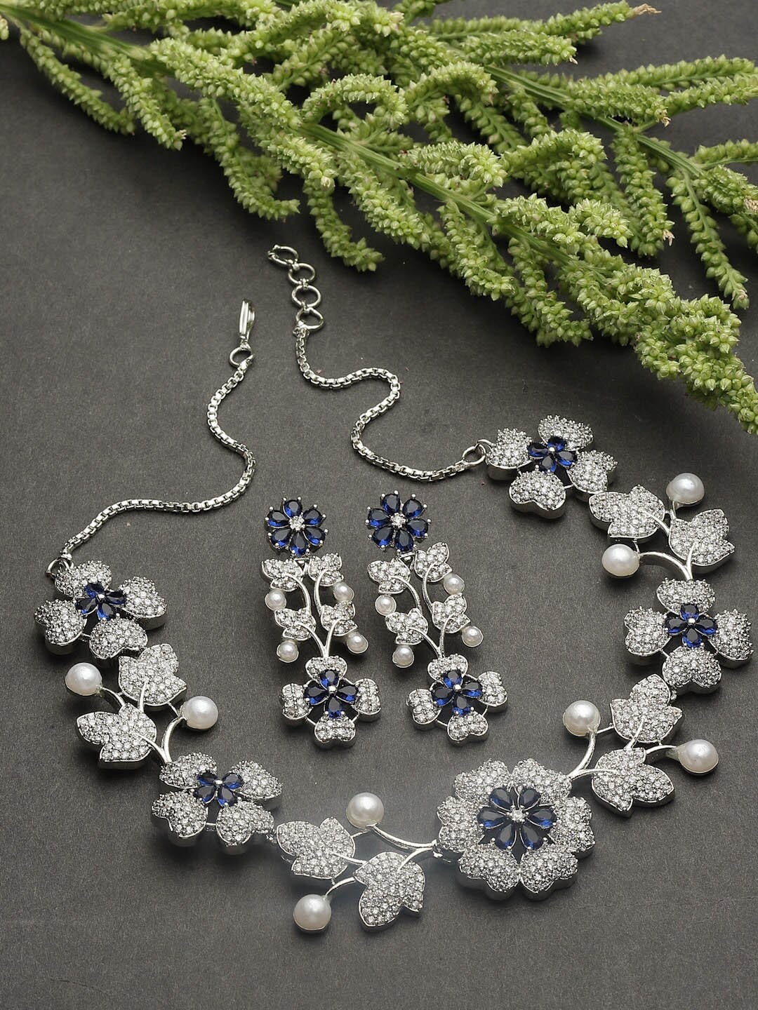 

ZENEME Silver-Plated Cubic Zirconia Studded Jewellery Set, Navy blue