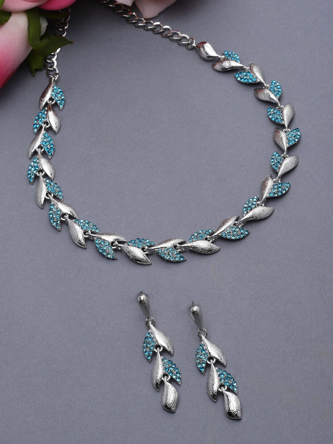 

ZENEME Silver-Plated Cubic Zirconia Studded Leaf ShapedJewellery Set