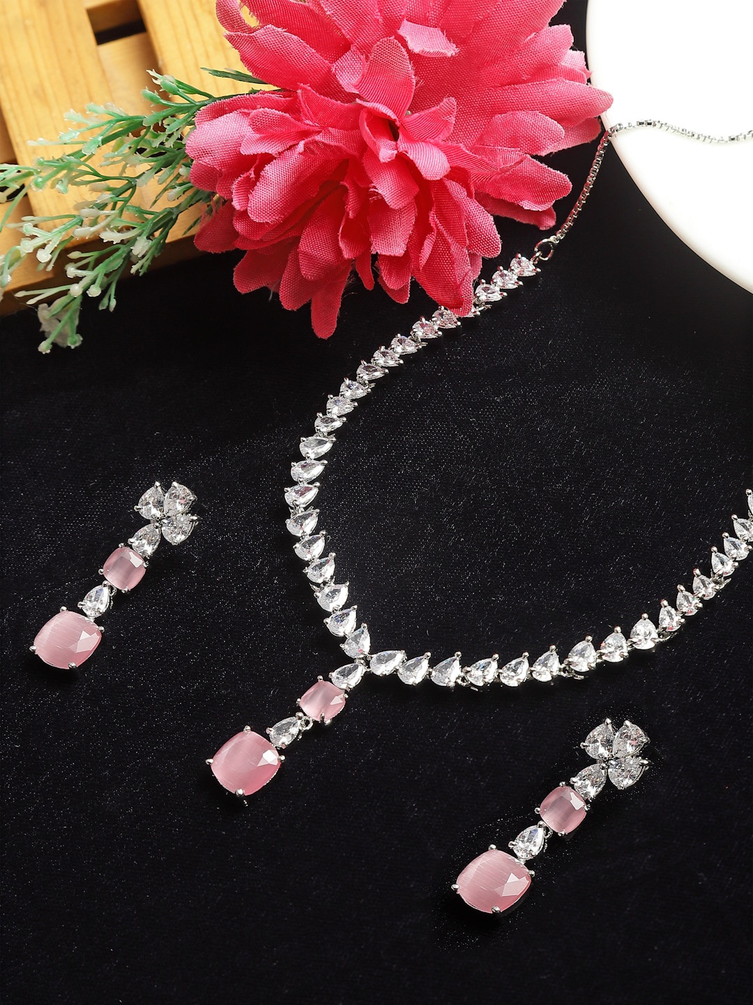 

ZENEME Silver-Plated American Diamond Jewellery Set, Pink