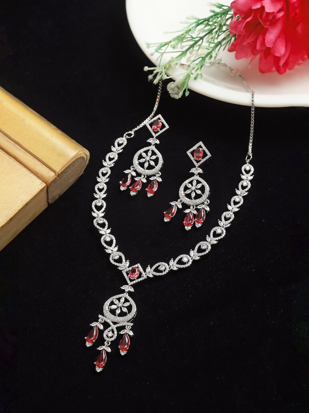 

ZENEME Rhodium-Plated American Diamond Studded Necklace and Earrings, Silver
