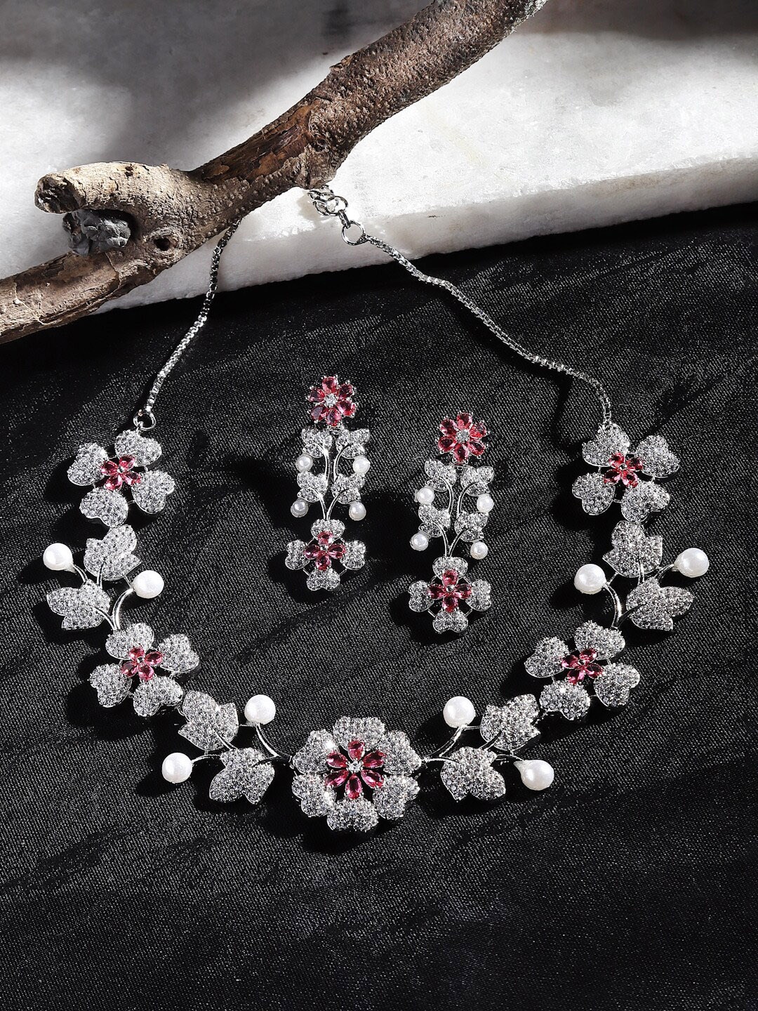 

ZENEME Rhodium-Plated Cubic Zirconia Studded Jewellery Set, Silver