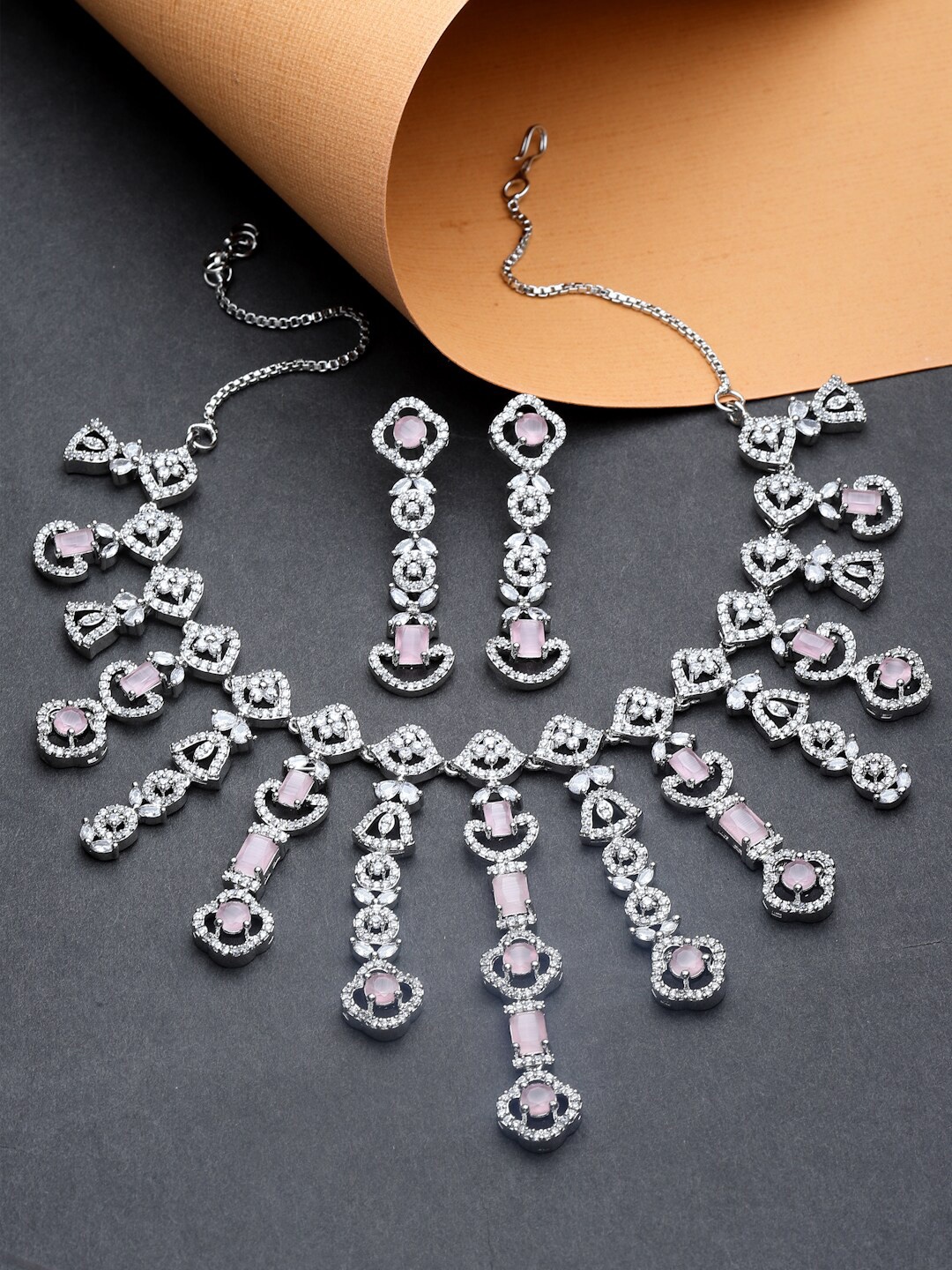 

ZENEME Rhodium-Plated Stone-Studded & Beaded Jewellery Set, Pink