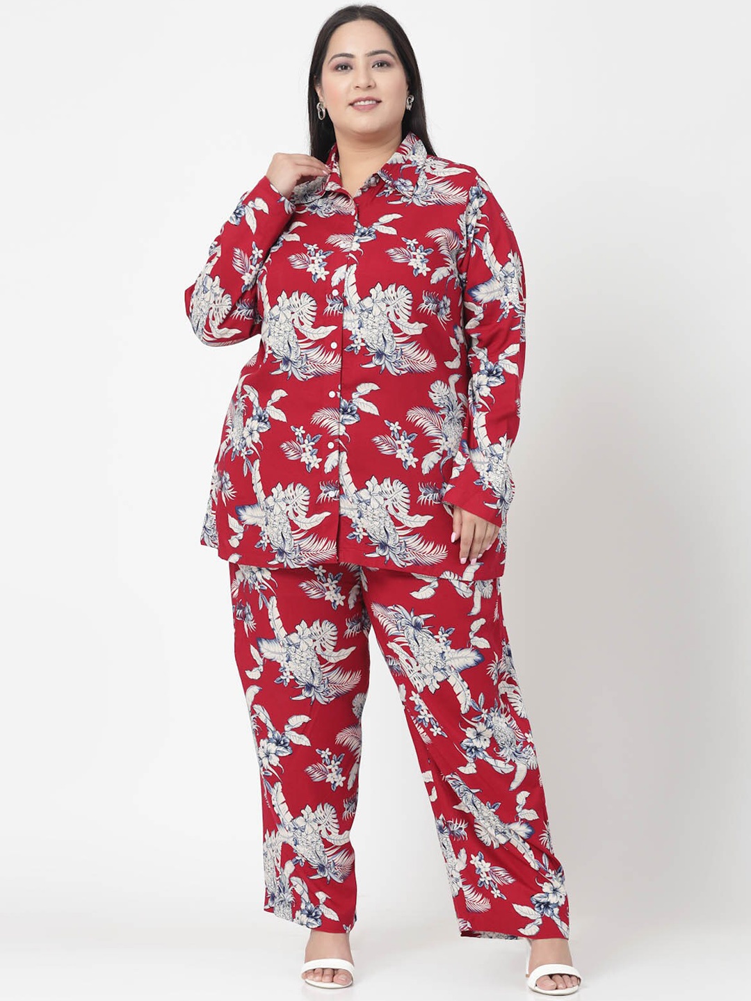 

plusS Plus Size Floral Printed Shirt & Trousers, Red