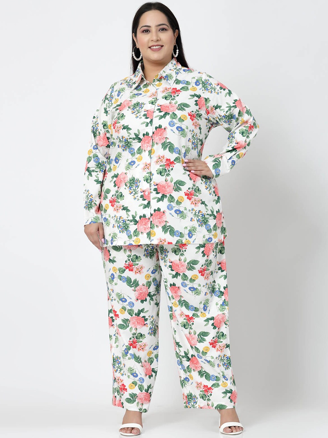 

plusS Plus Size White Floral Printed Shirt & Trousers