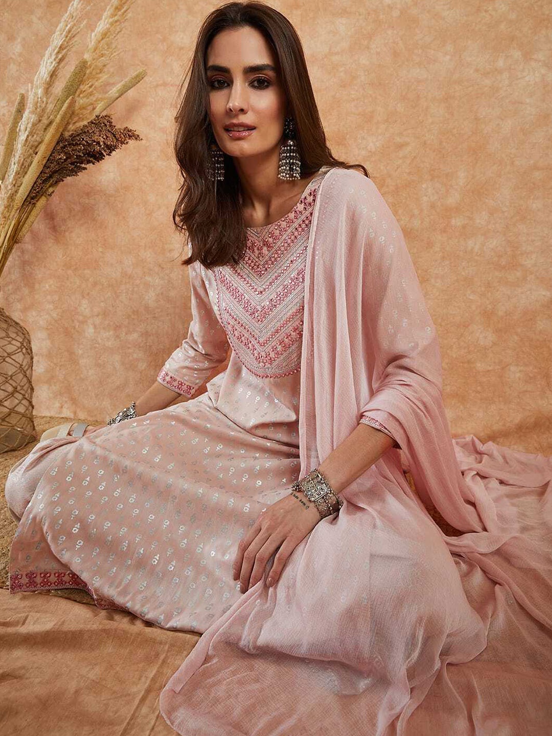 

Sangria Ethnic Motifs Printed Thread Work Detail Straight Kurta & Palazzo with Dupatta, Mauve