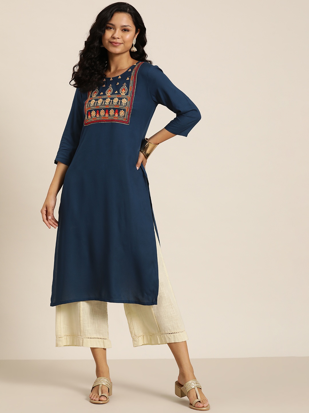 

HERE&NOW Women Ethnic Motifs Yoke Design Kurta, Navy blue