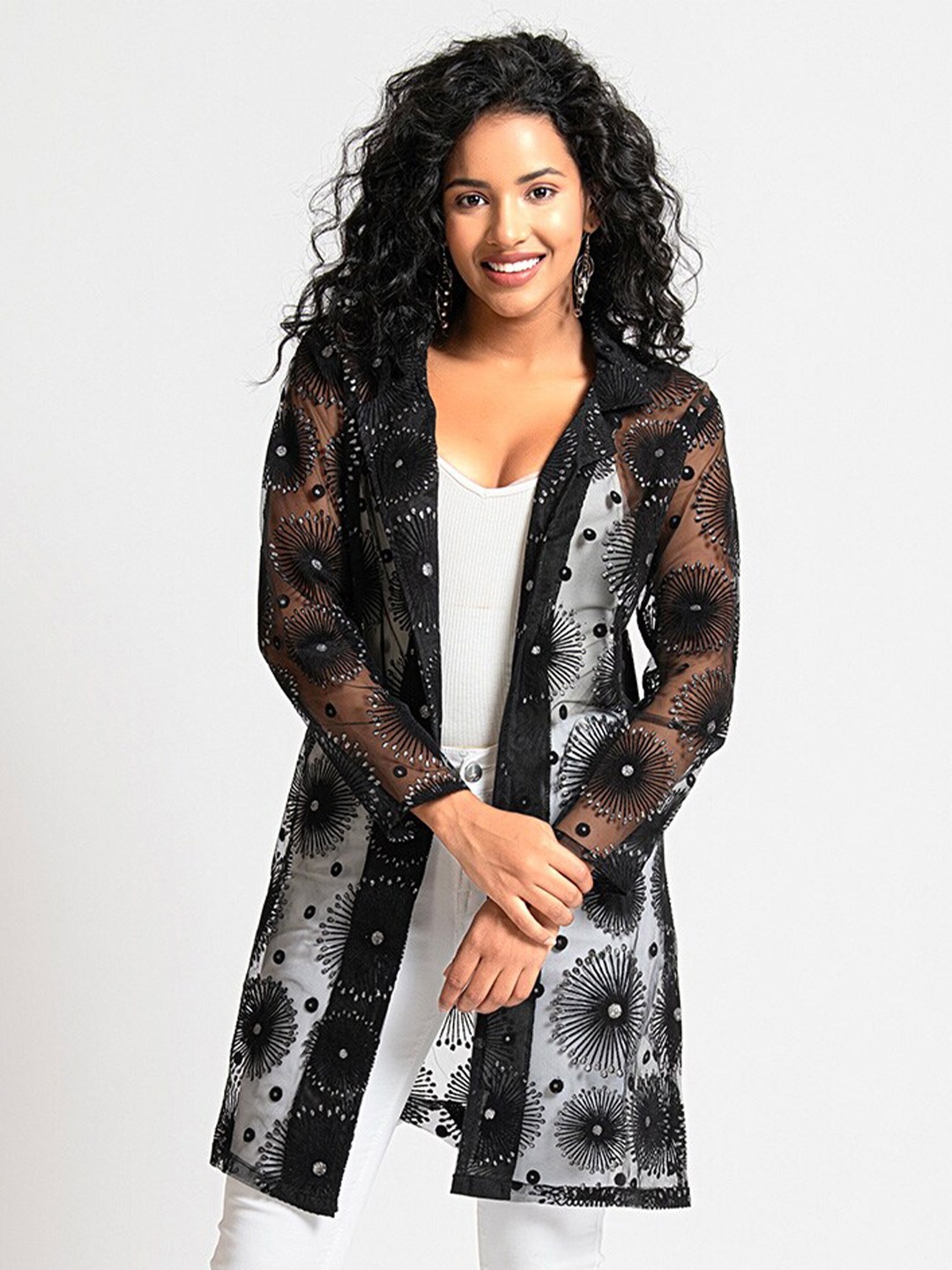 

urSense Self Design Sheer Longline Open Front Shrug, Black