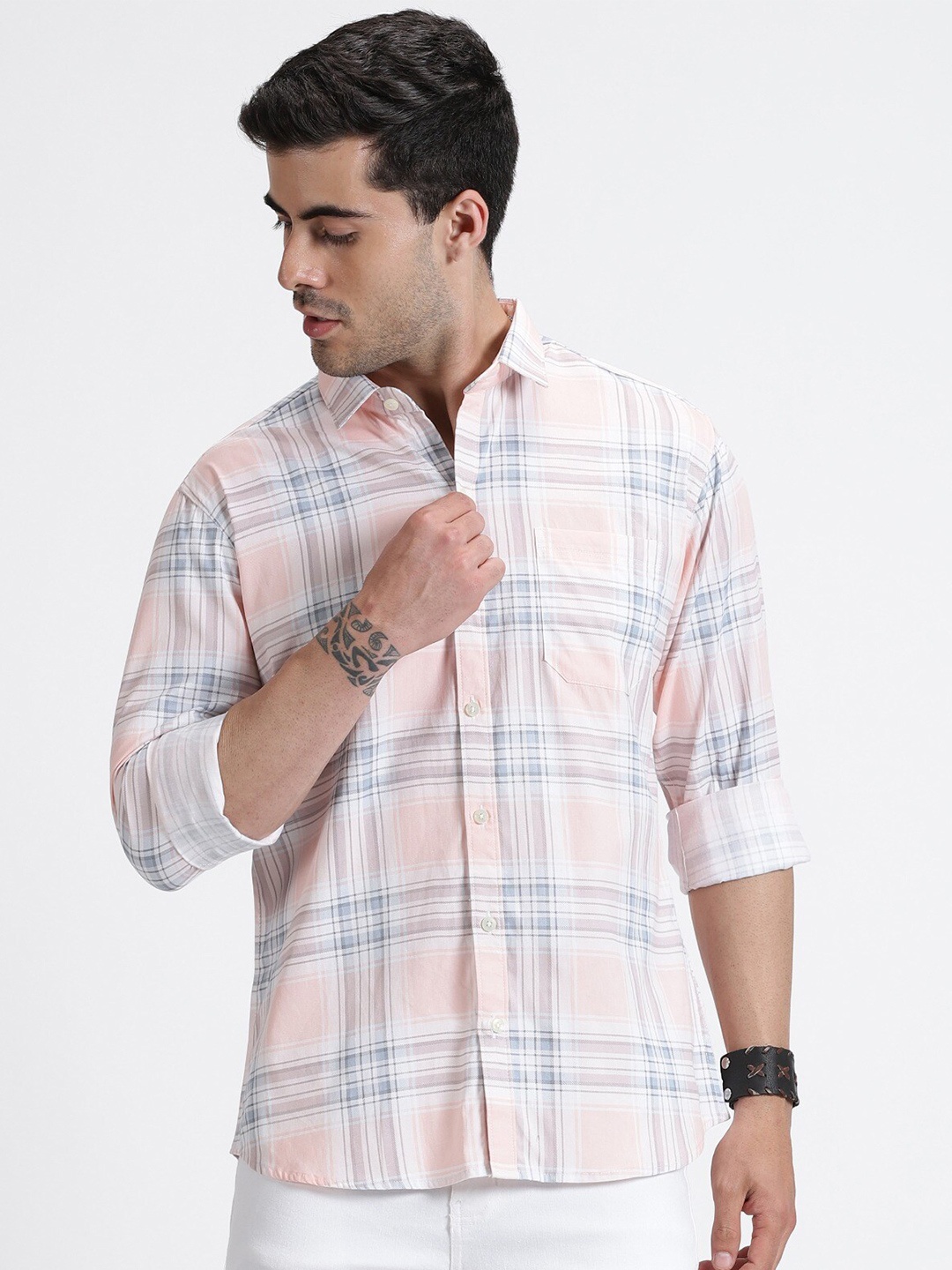 

MISCHIEF MONKEY Premium Tailored Fit Tartan Checked Casual Cotton Shirt, Pink