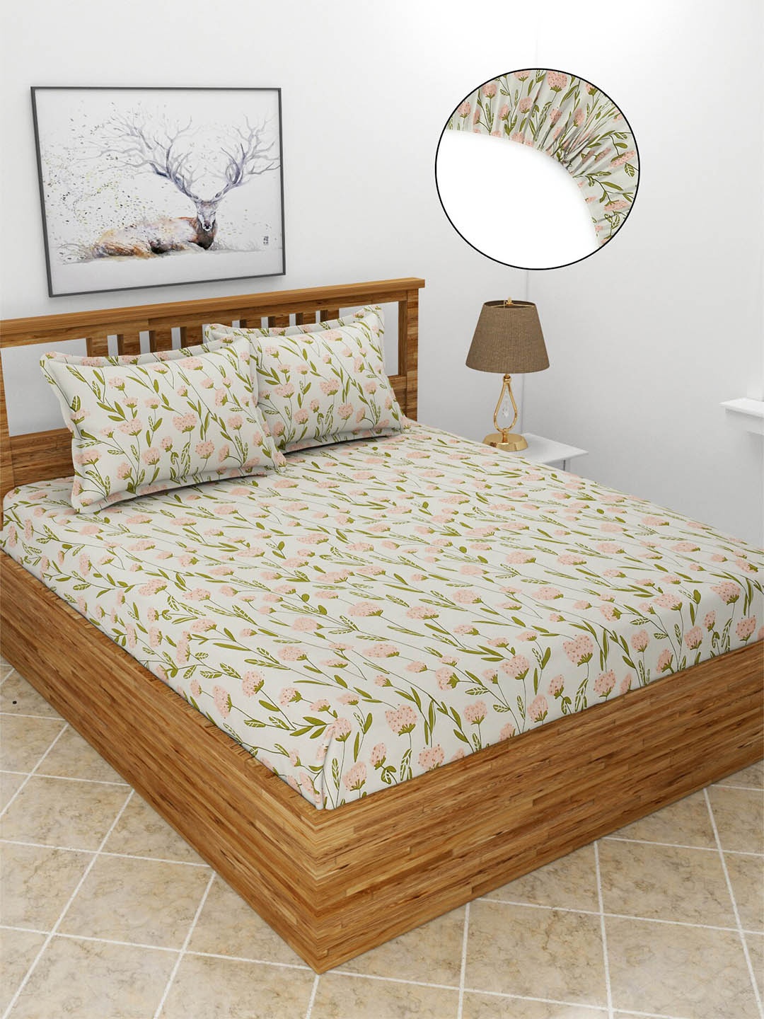 

MORADO Off White & Green Printed Fitted 210 TC Queen Bedsheet with 2 Pillow Covers