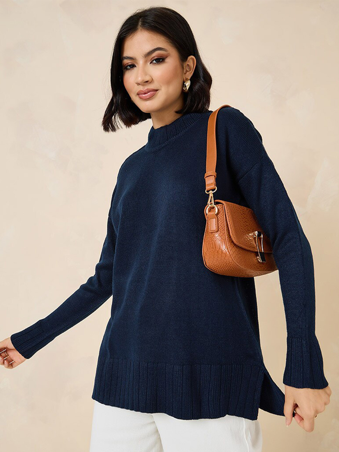 

Styli Oversized High Neck Longline Sweater, Navy blue