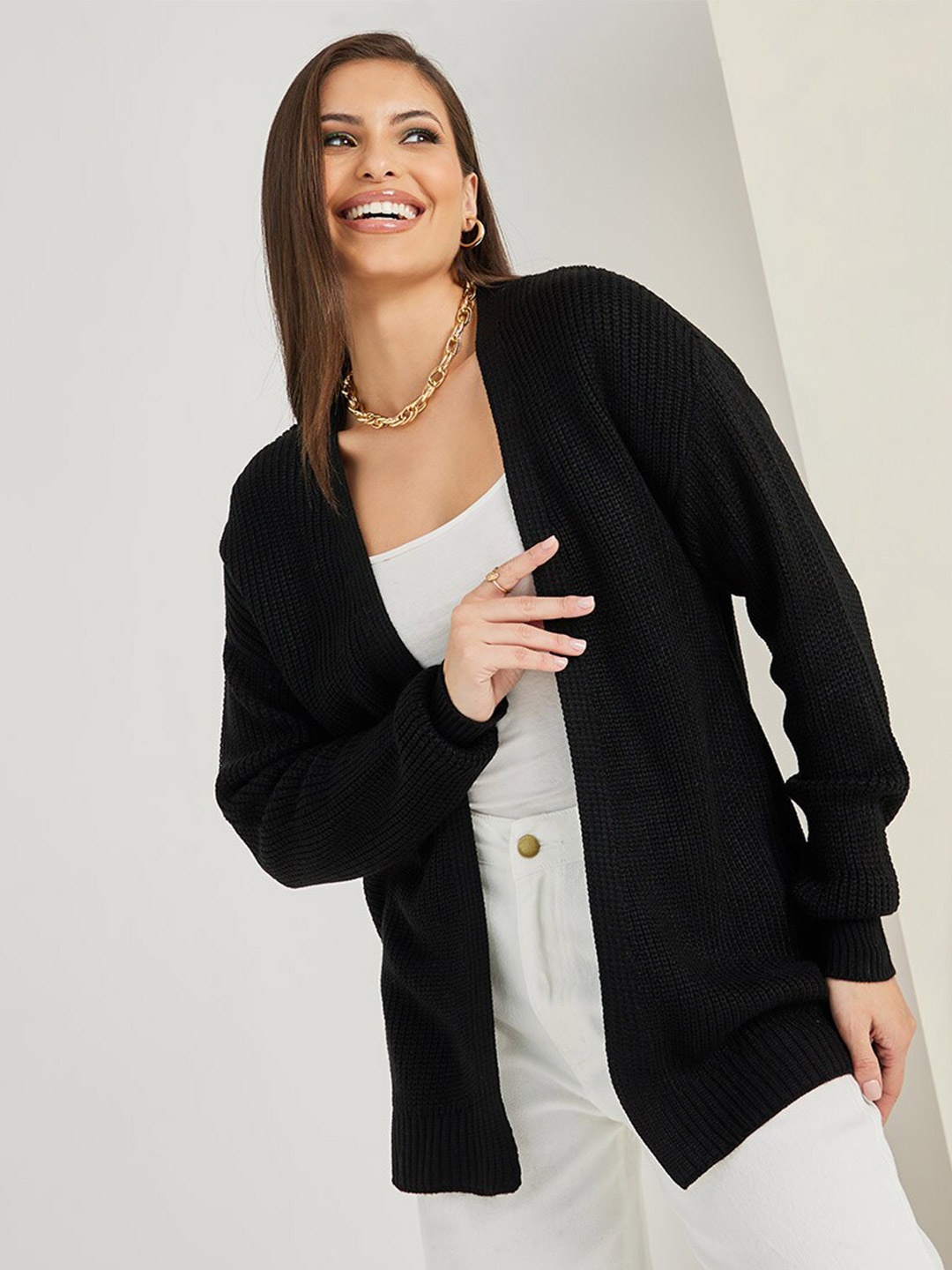 

Styli Regular Fit Open Front Chunky Knit Cardigan, Black