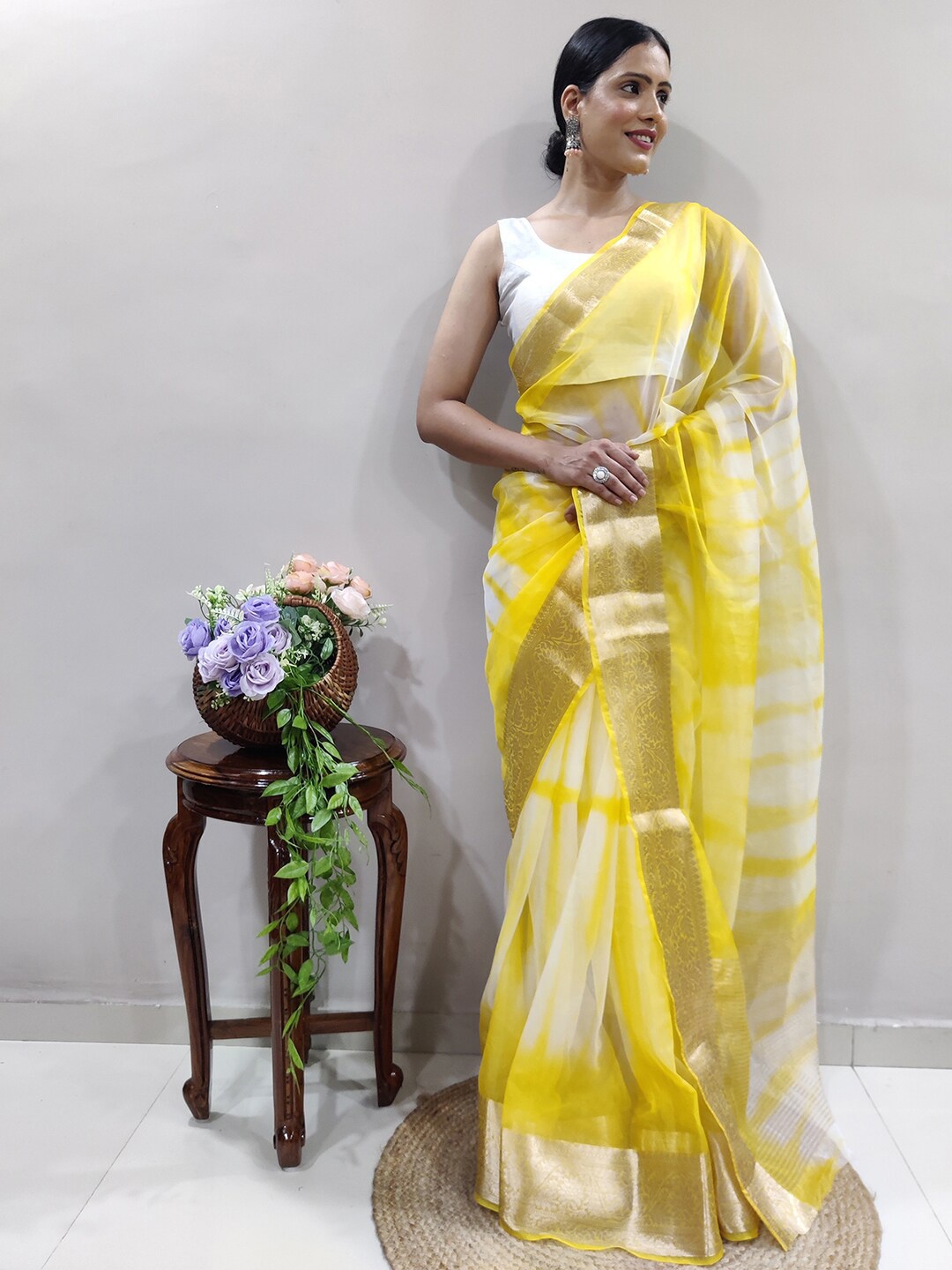

Mitera Yellow & Gold-Toned Tie and Dye Zari Organza Saree