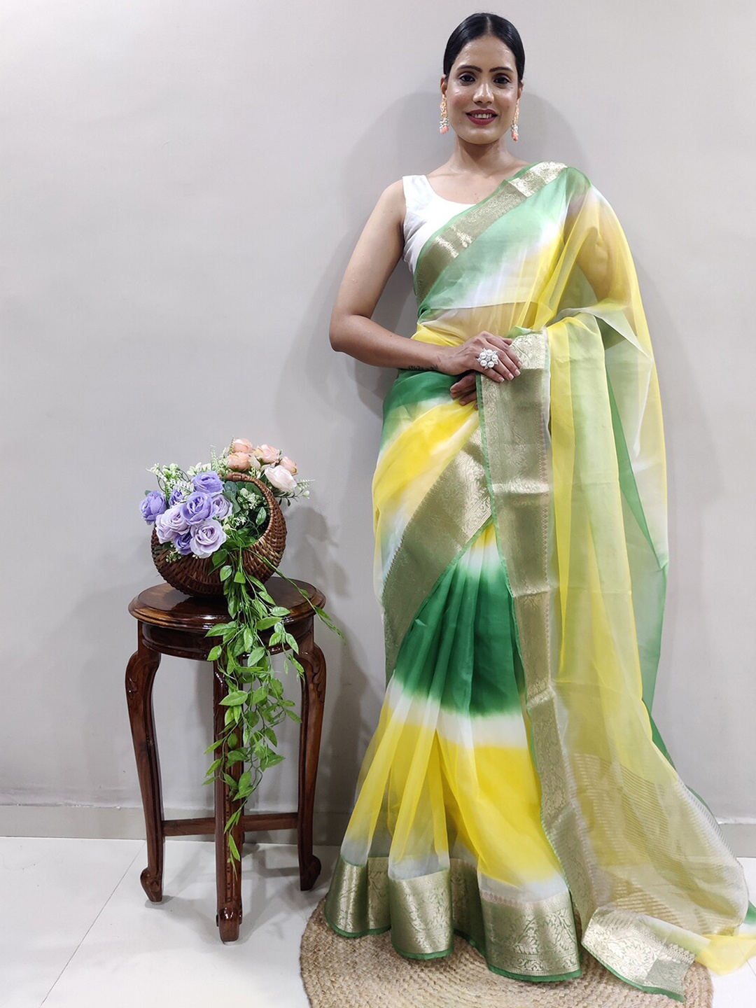 

Mitera Green & Yellow Ombre Dyed Zari Organza Saree