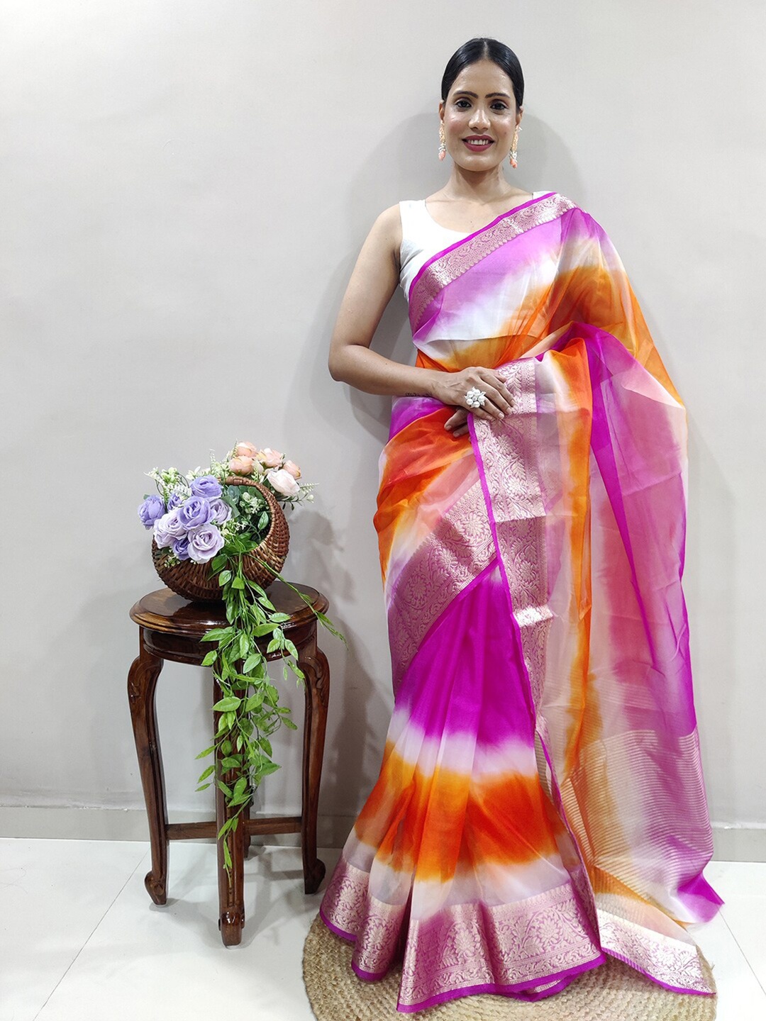 

Mitera Colourblocked Zari Organza Saree, Pink