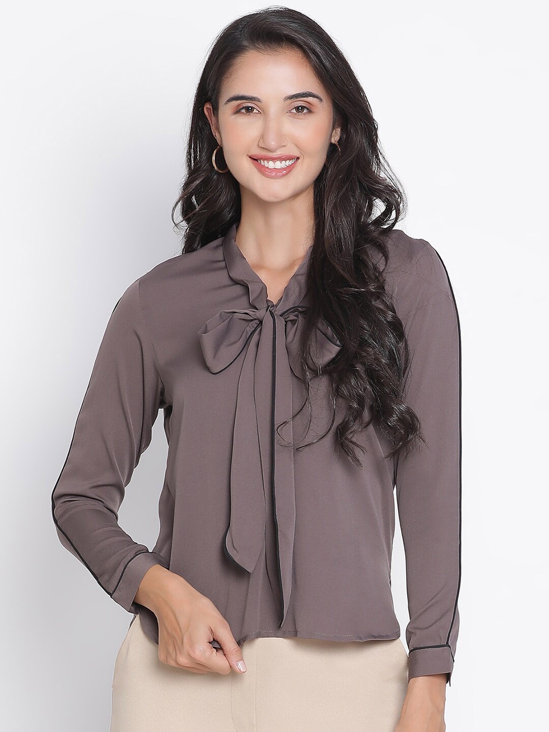 

DRAAX Fashions Tie-Up Neck Crepe Top, Grey
