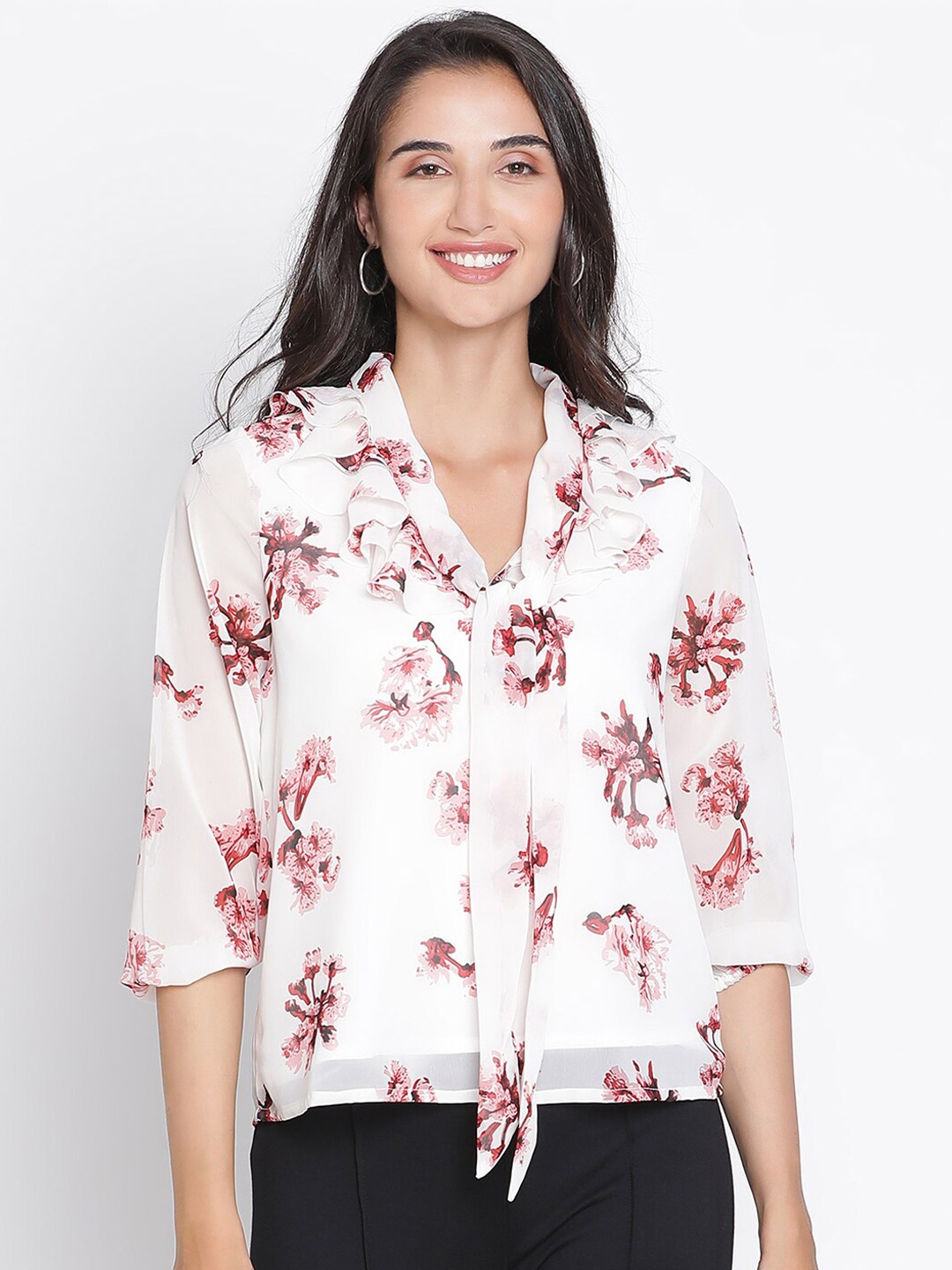 

DRAAX Fashions Floral Printed Tie-Up Neck Roll-Up Sleeves Crepe Top, White