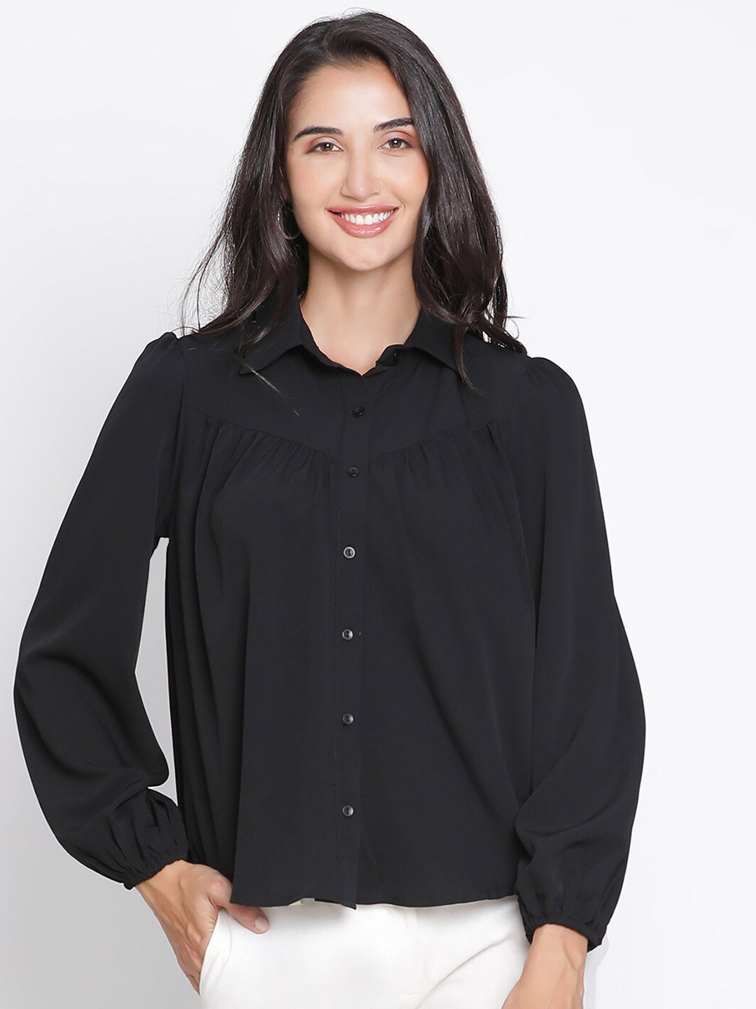 

DRAAX Fashions Puff Sleeves Crepe Shirt Style Top, Black