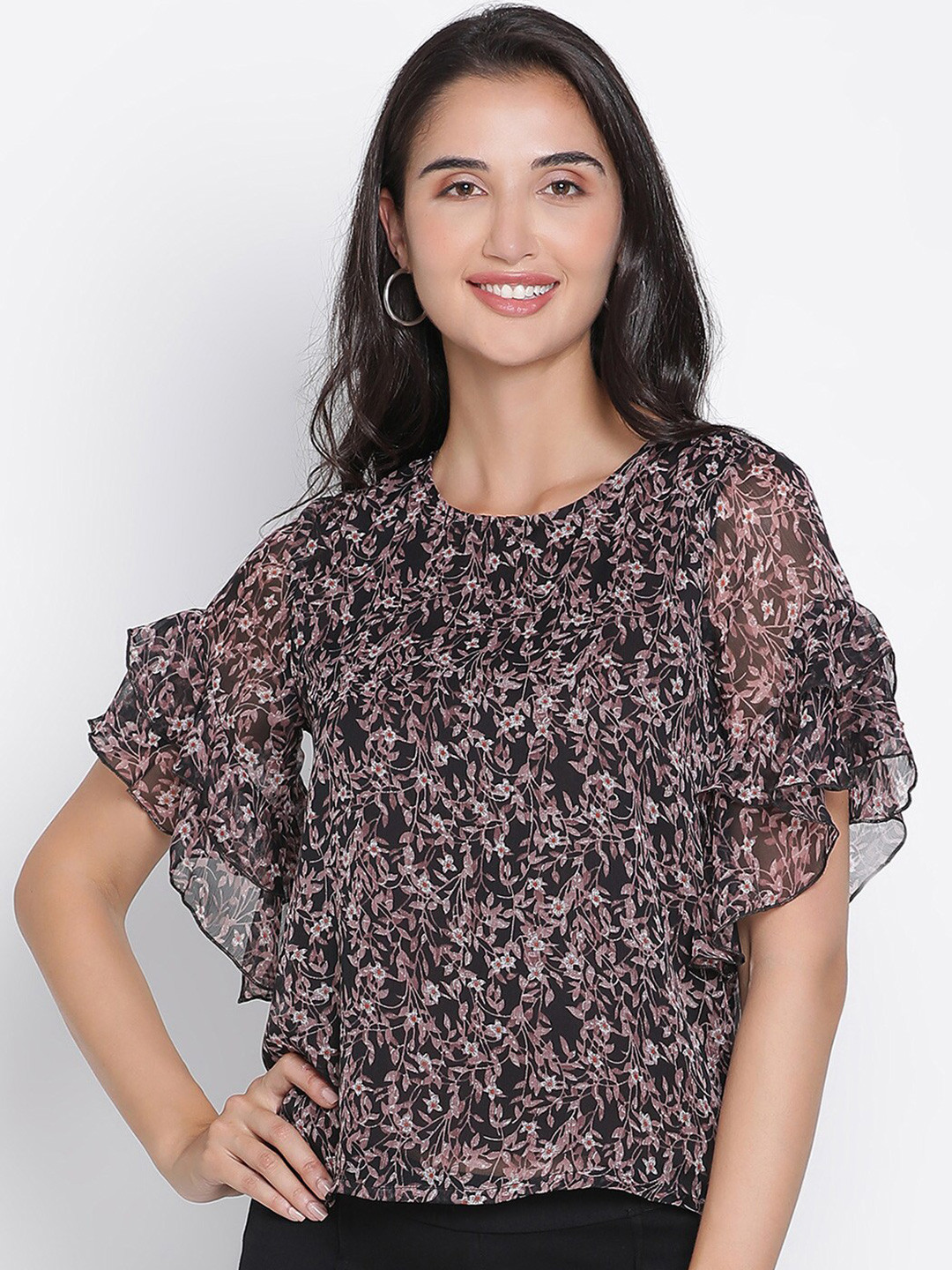

DRAAX Fashions Floral Printed Flutter Sleeves Crepe Top, Black
