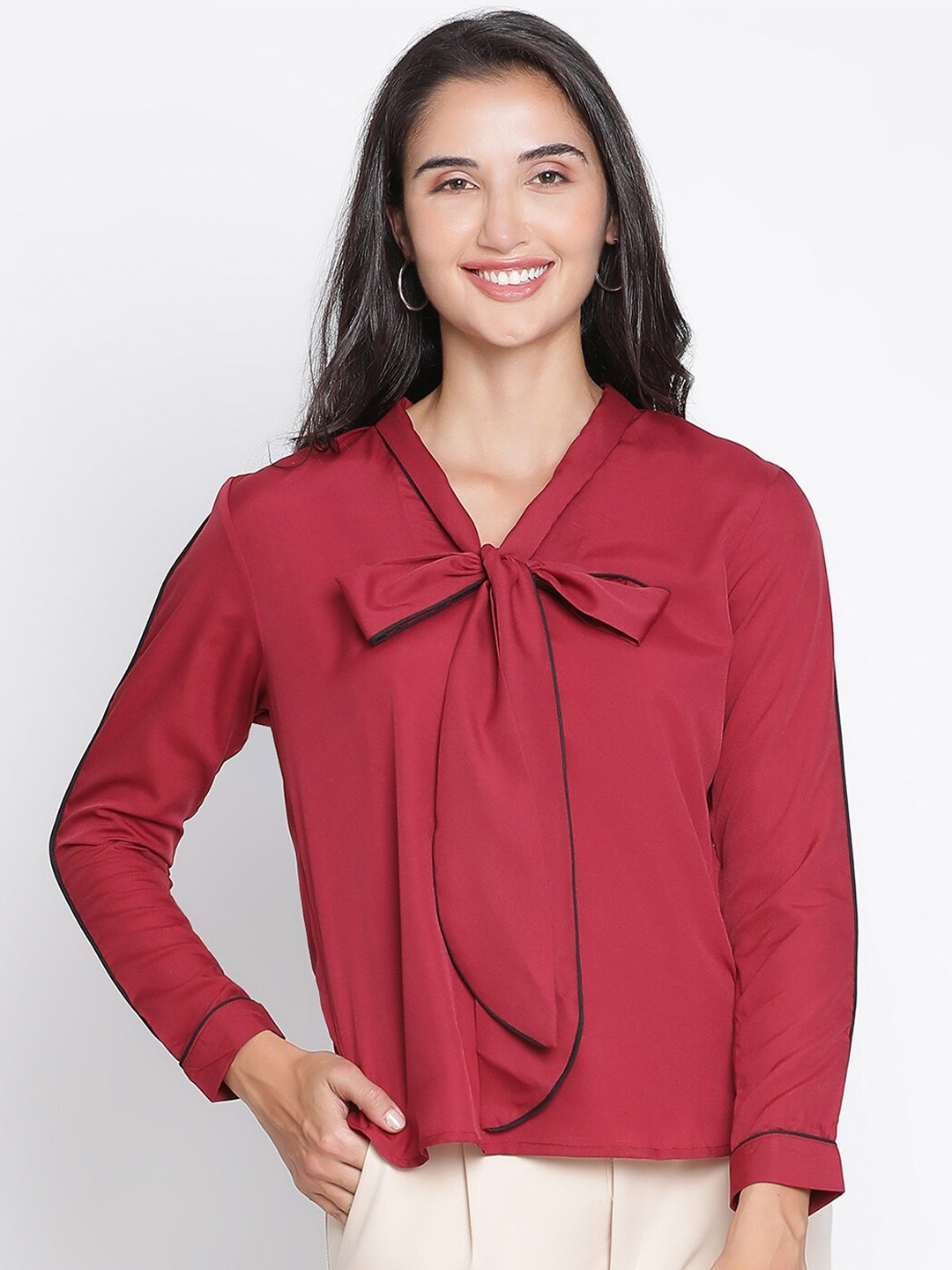 

DRAAX Fashions Tie-Up Neck Long Sleeves Crepe Top, Maroon