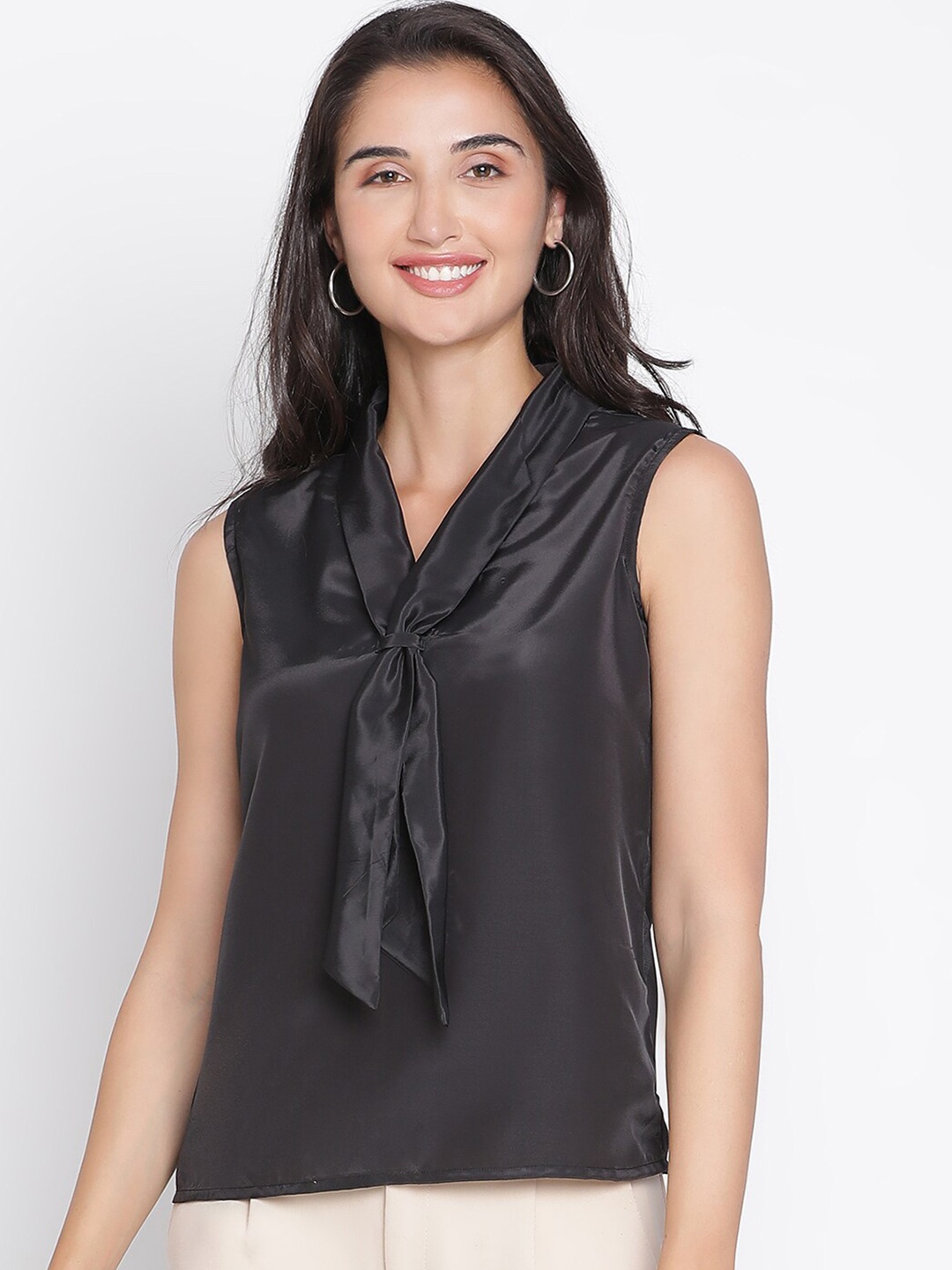 

DRAAX Fashions Tie-Up Neck Sleeveless Satin Top, Black