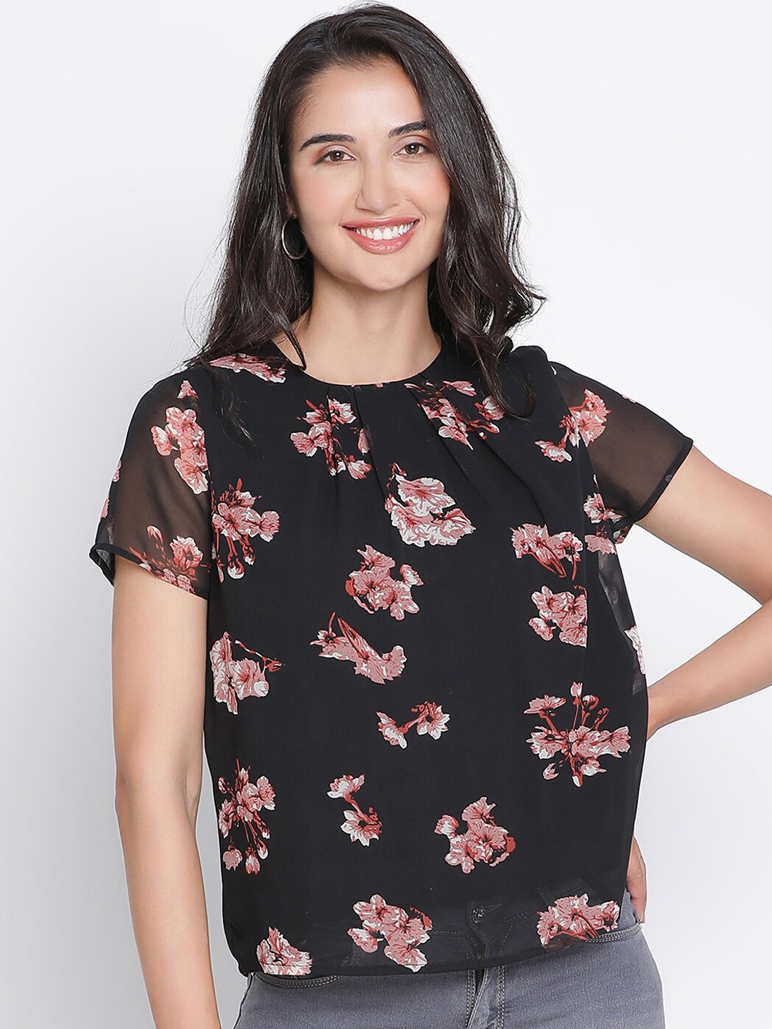 

DRAAX Fashions Floral Printed Round Neck Top, Black