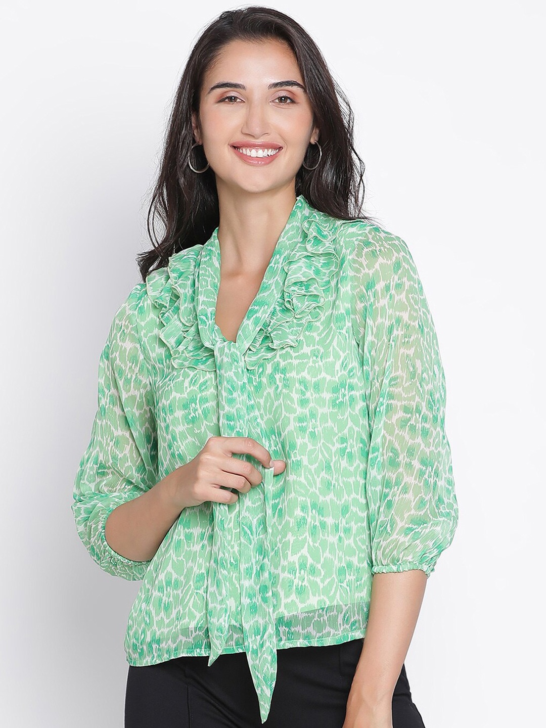 

DRAAX Fashions Abstract Printed Tie-Up Neck Puff Sleeves Ruffles Detail Top, Green