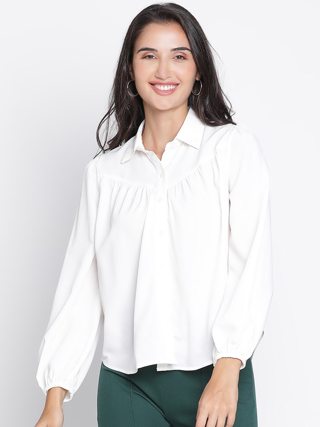 

DRAAX Fashions Shirt Collar Puff Sleeves Gathered Detail Shirt Style Top, White