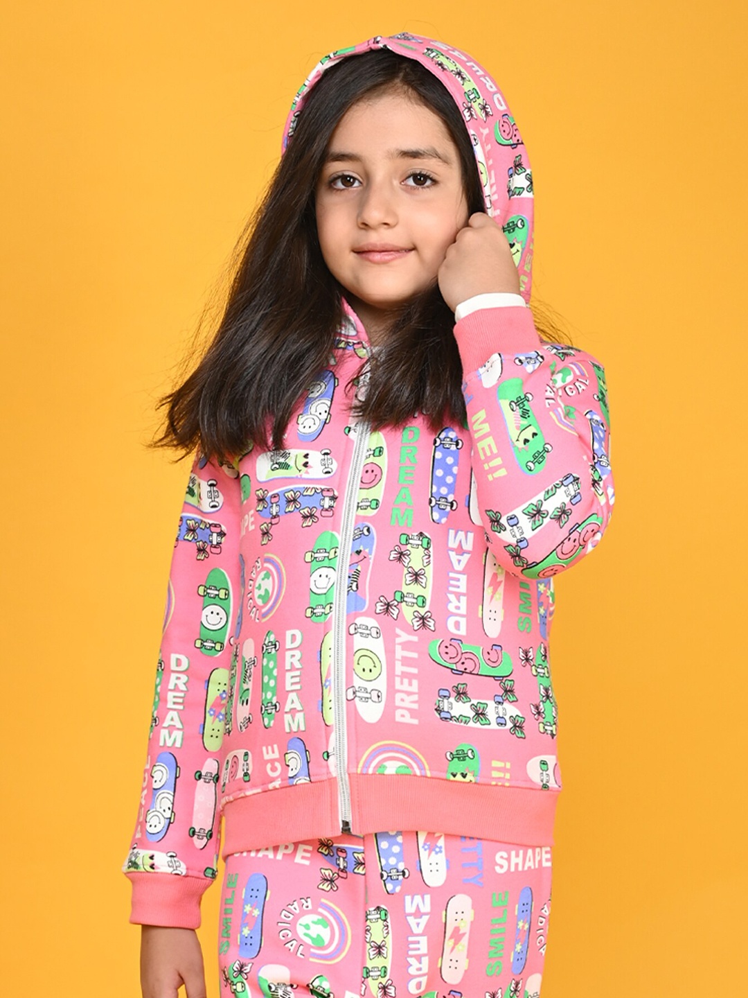 

Anthrilo Girls Graphic Printed Hooded Pullover Fleece Front Open Sweatshirt, Pink