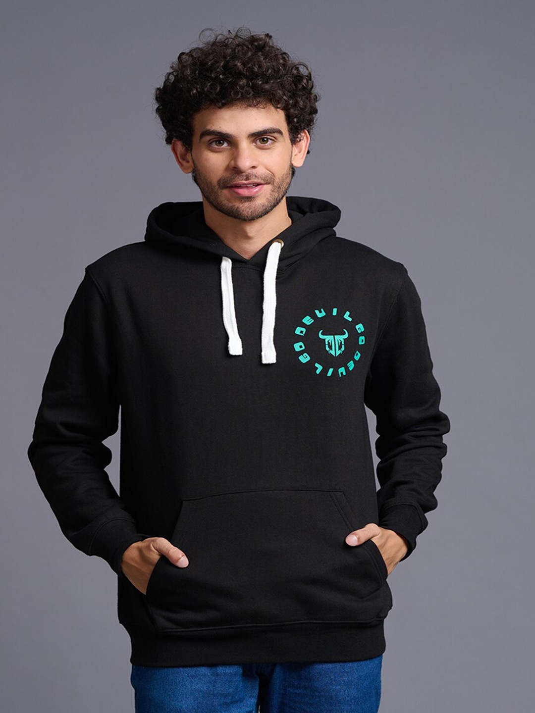 

GO DEVIL Typography Printed Hooded Pullover, Black