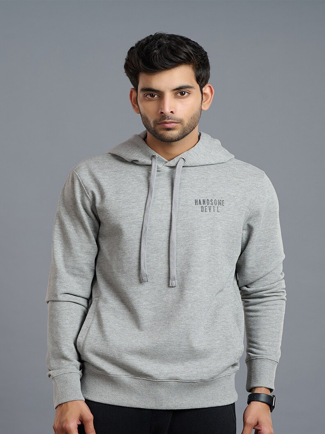 

GO DEVIL Typographic Printed Hooded Pullover Sweatshirt, Grey