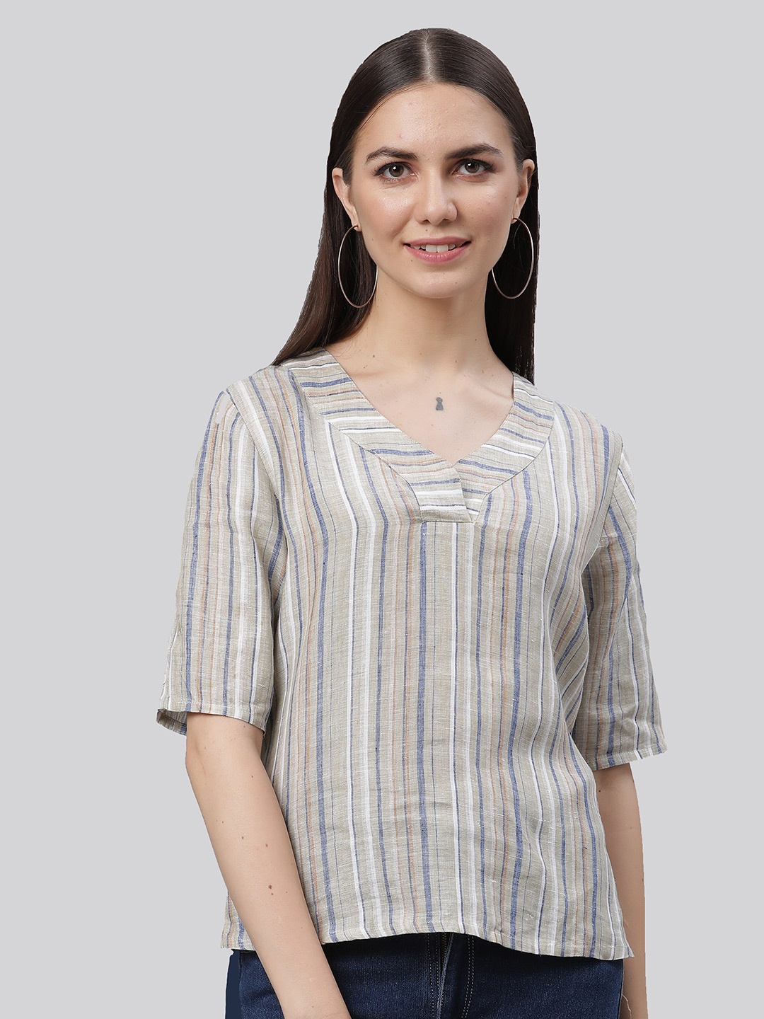 

Linen Club Woman Vertical Striped Linen Top, Grey