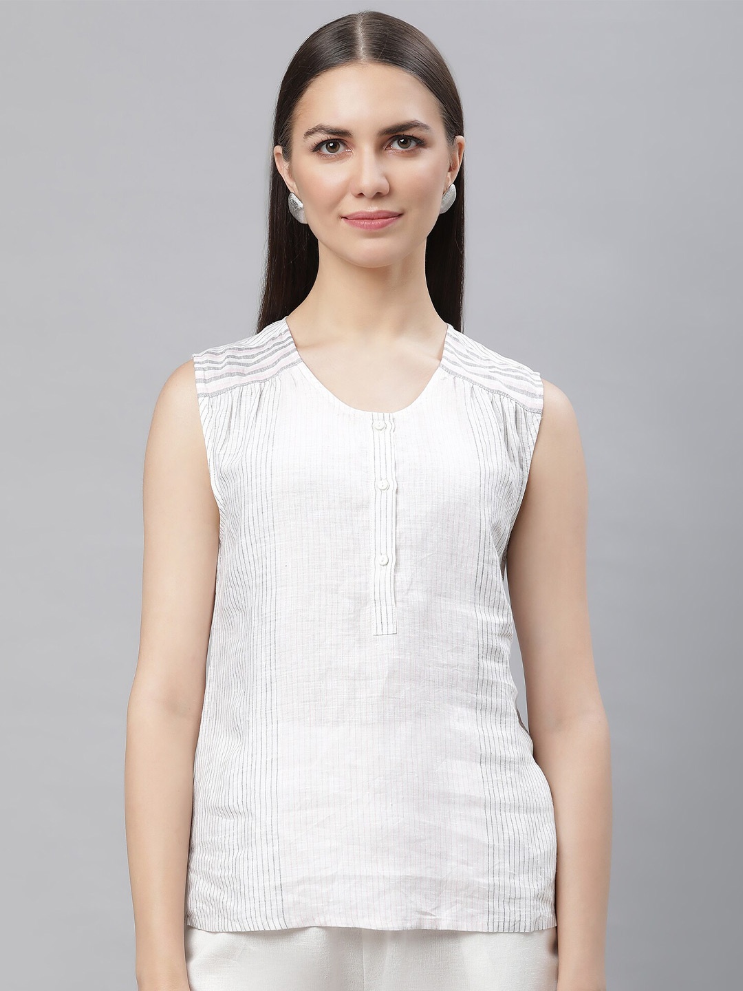 

Linen Club Woman Vertical Striped Linen Top, Off white