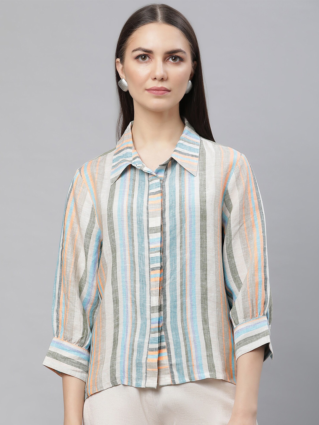 

Linen Club Woman Vertical Striped Linen Shirt Style Top, Beige