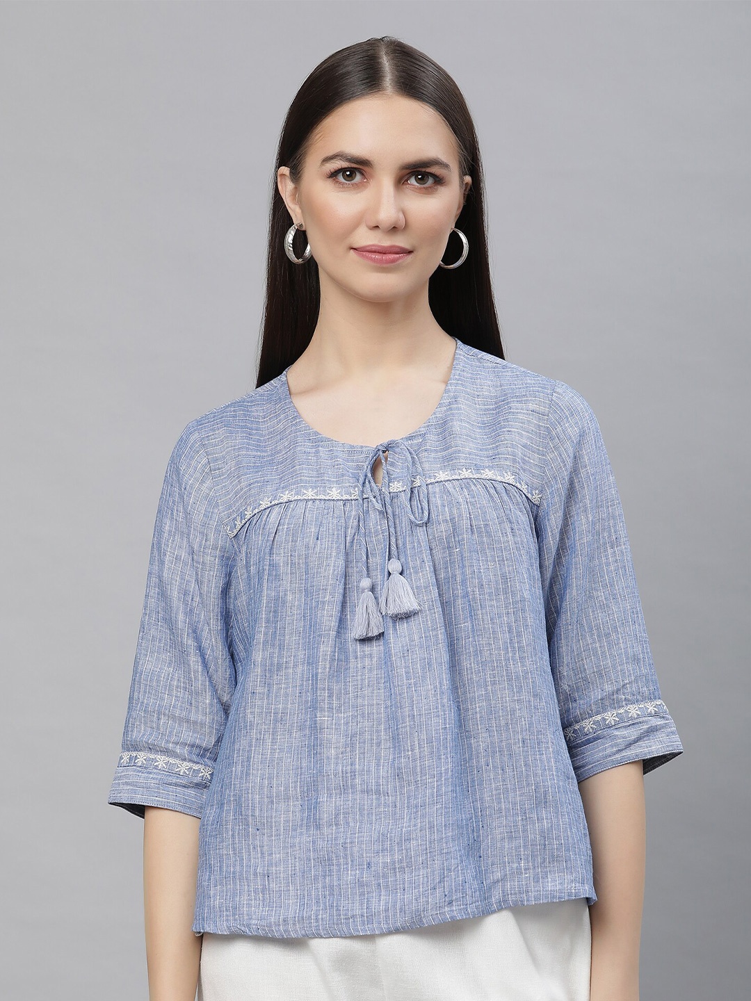 

Linen Club Woman Vertical Striped Tie-Up Neck Linen Top, Blue