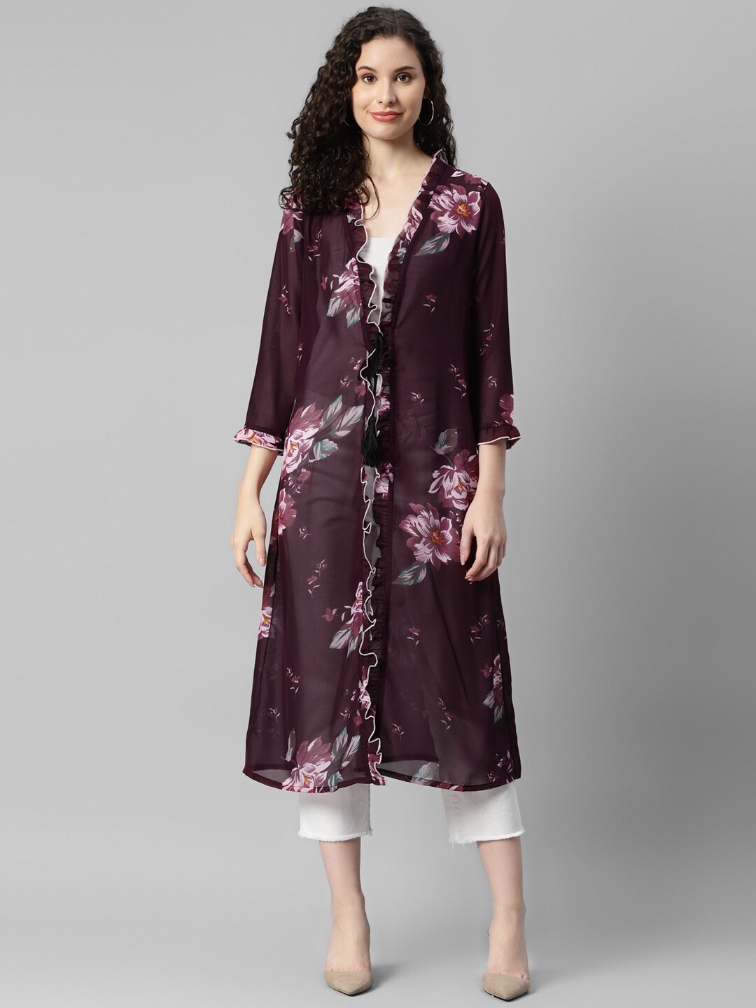 

DEEBACO Floral Printed Longline Tie-Up Shrug, Maroon