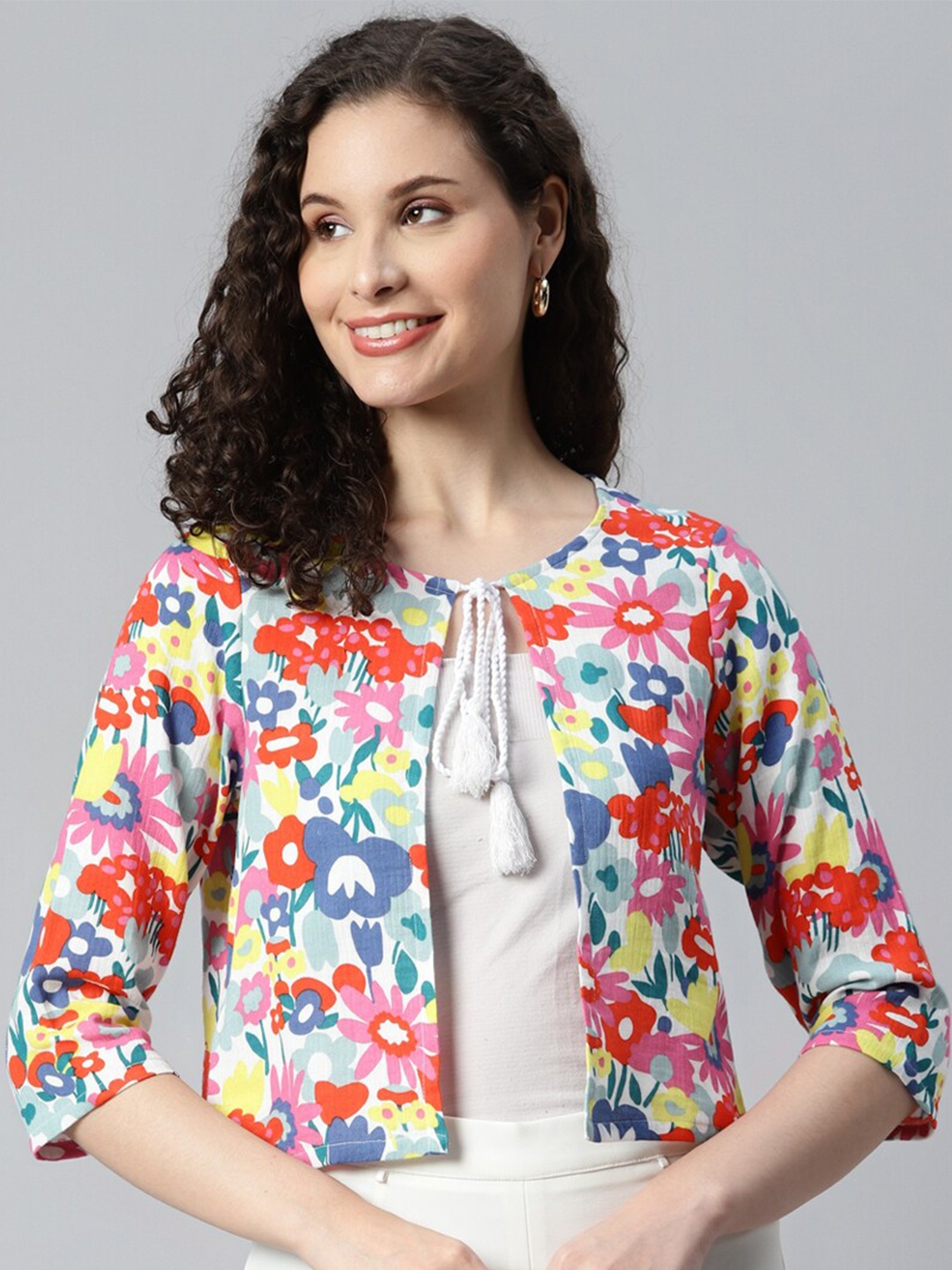 

DEEBACO Floral Printed Crop Tie-Up Shrug, Blue