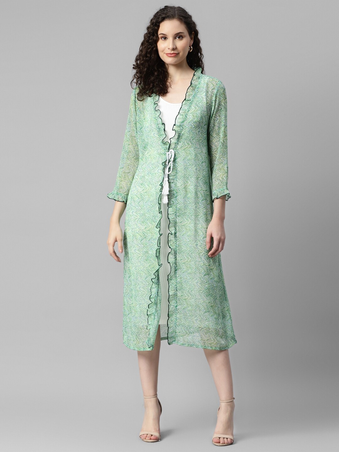 

DEEBACO Zig-Zag Printed Longline Tie-Up Shrug, Green