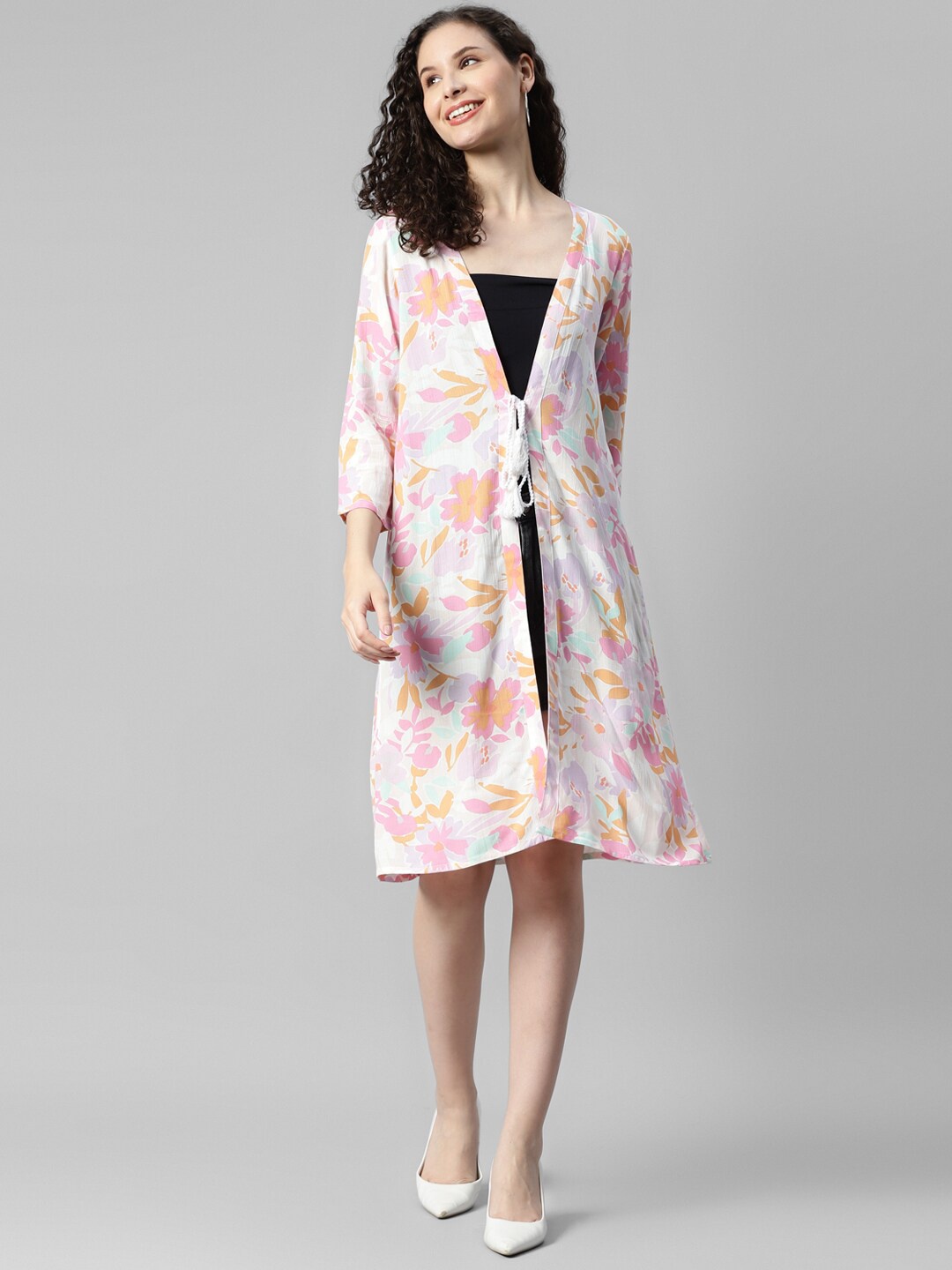 

DEEBACO Floral Printed Longline Tie-Up Shrug, White