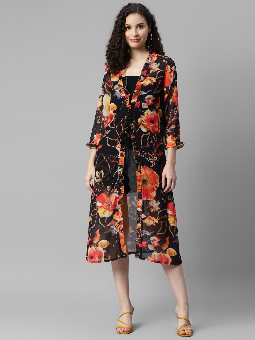 

DEEBACO Floral Printed Longline Tie-Up Shrug, Red