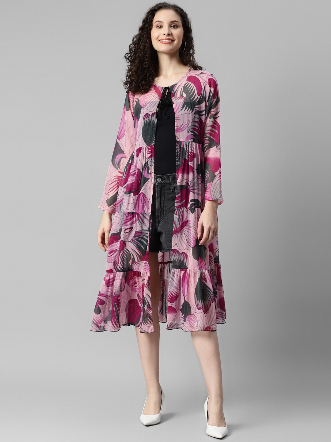 

DEEBACO Floral Printed Tiered Longline Tie-Up Shrug, Pink